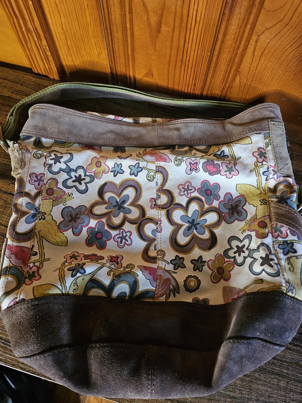 Vintage Lucky Brand Floral Canvas and Brown Suede Shoulder Bag